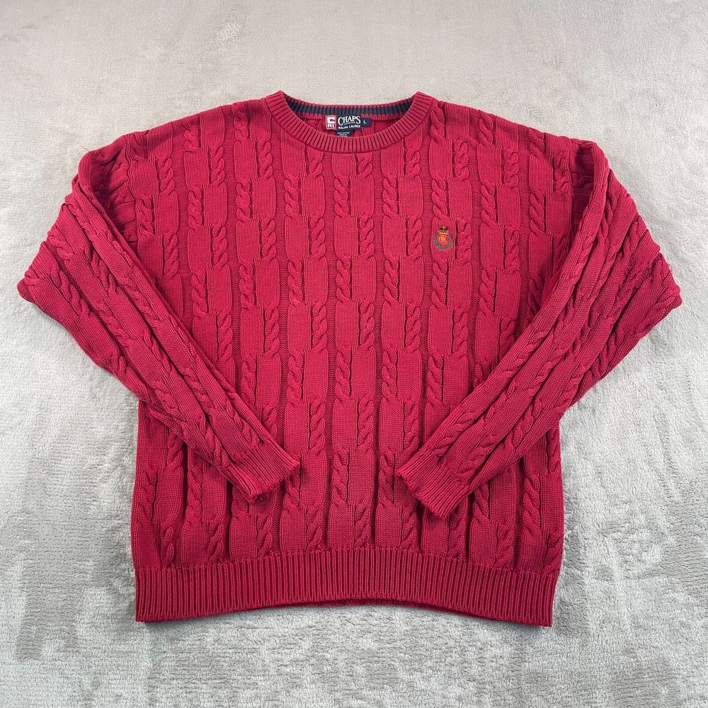 Vintage Chaps Ralph Lauren Fisherman Sweater Men Large Red Cable Knit Crest Logo